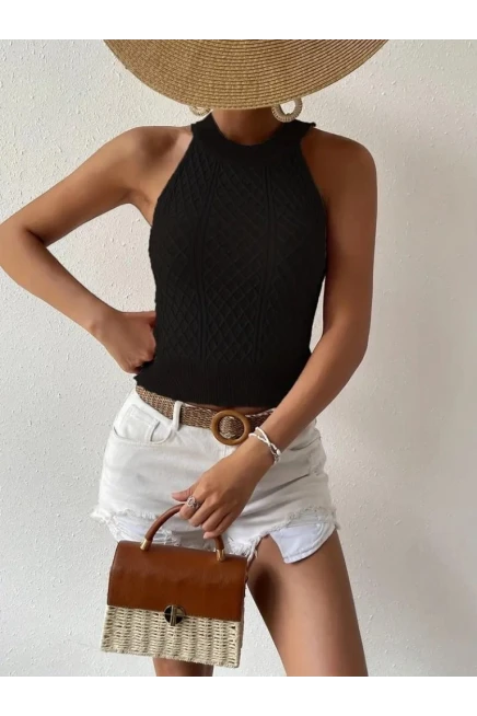 Kolsuz Halter Yaka Mini Baklava Desenli Triko Bluz