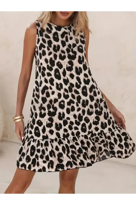 Kadın Kolsuz Sırttan Bağlamalı Fırfırlı Leopar Desenli Süprem Elbise , 31246