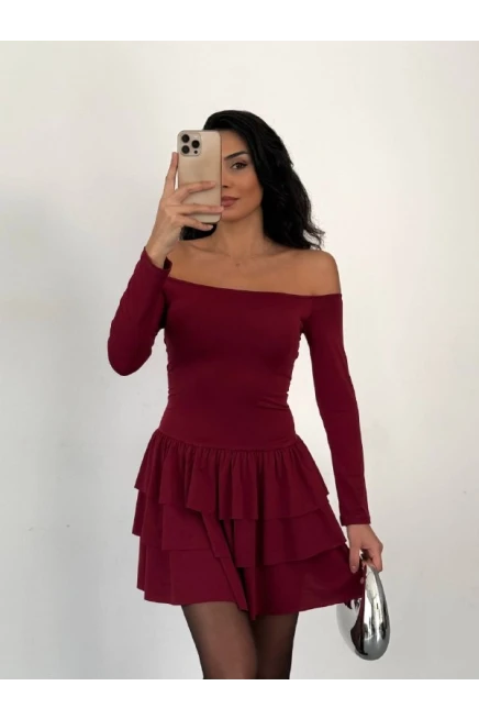 Kadın Omuz Detay Mini Elbise Bordo