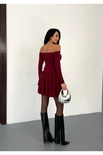 Kadın Omuz Detay Mini Elbise Bordo