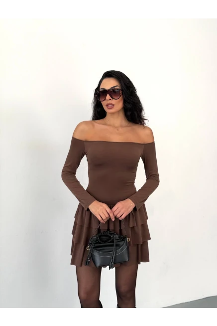 Kadın Omuz Detay Mini Elbise Kahve