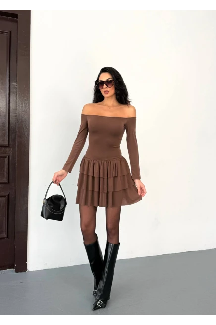 Kadın Omuz Detay Mini Elbise Kahve