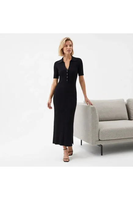 Kadın Polo Yaka Düğme Detay Kaşkorse Viskon Triko Elbise