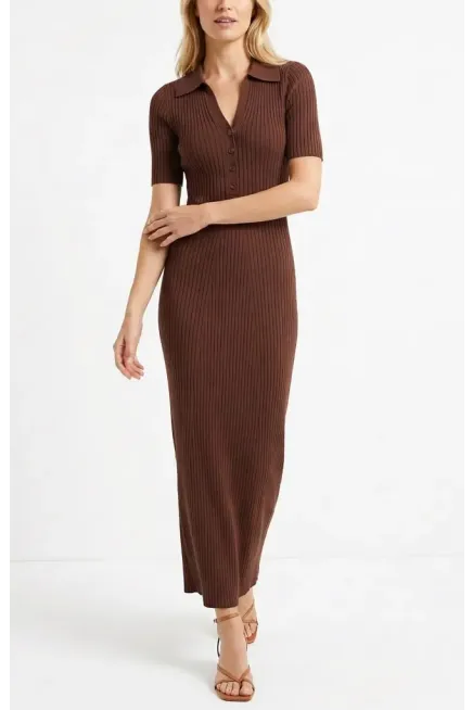 Kadın Polo Yaka Düğme Detay Kaşkorse Viskon Triko Elbise