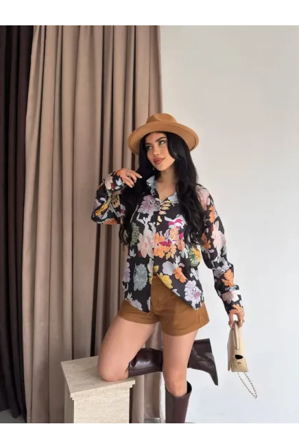 Kadın Renkli Çiçek Desenli Saten Gömlek