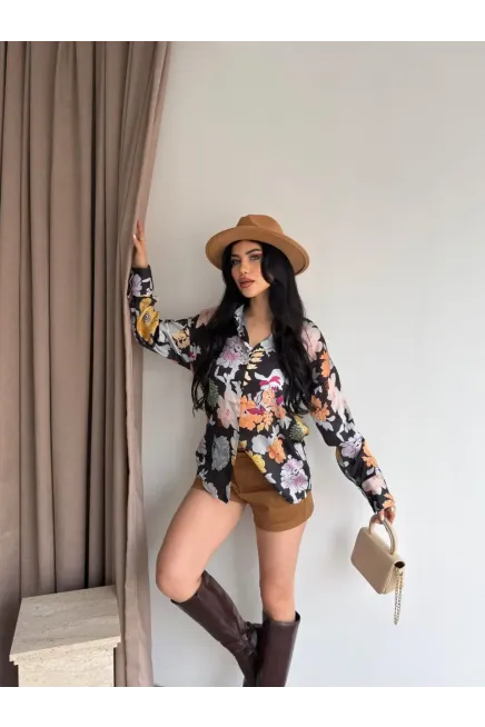 Kadın Renkli Çiçek Desenli Saten Gömlek