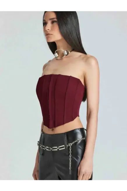 Kadın Şık Korse Crop Top - Straplez Düğmeli Büstiyer Bordo