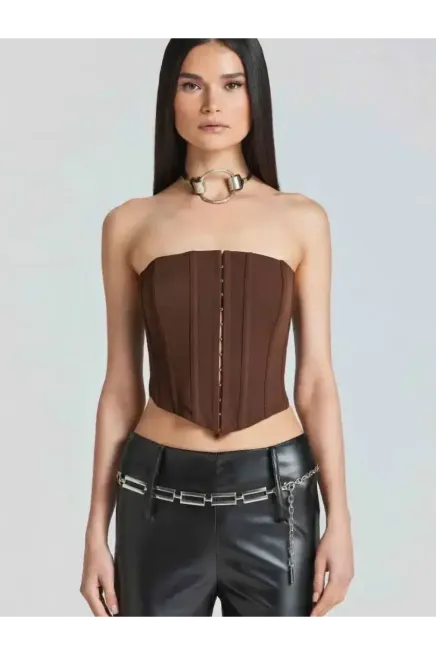 Kadın Şık Korse Crop Top - Straplez Düğmeli Büstiyer Kahve
