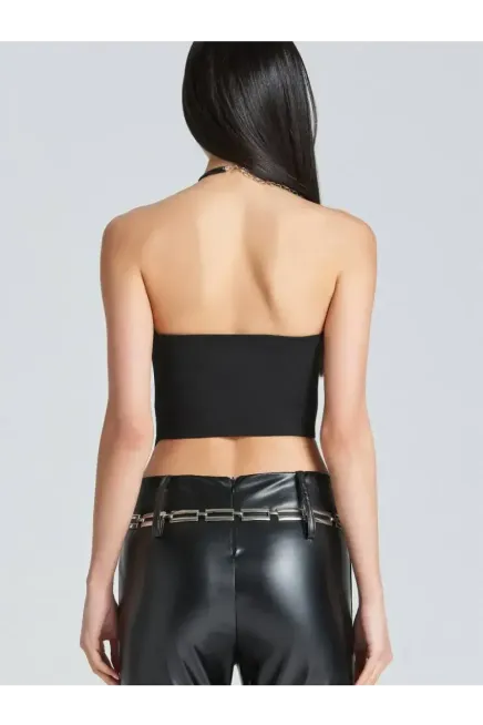 Kadın Şık Korse Crop Top - Straplez Düğmeli Büstiyer Siyah