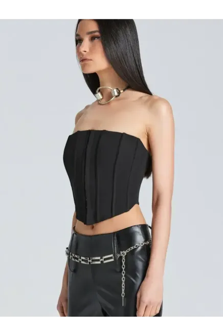 Kadın Şık Korse Crop Top - Straplez Düğmeli Büstiyer Siyah