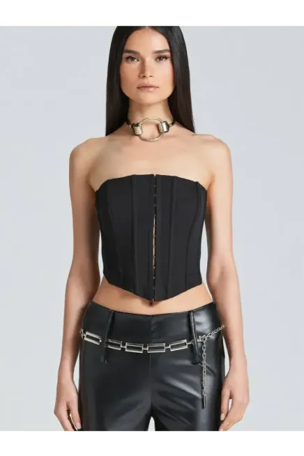Kadın Şık Korse Crop Top - Straplez Düğmeli Büstiyer Siyah