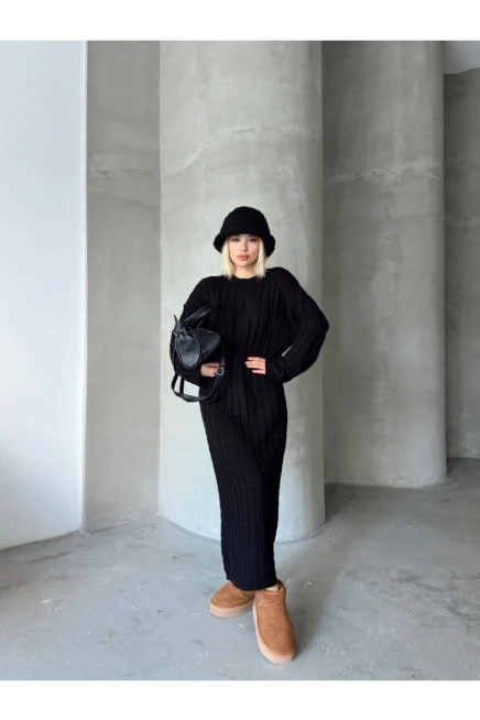 Kadın Siyah Bisiklet Yaka Saç Örgülü Kadın Triko Midi Elbise