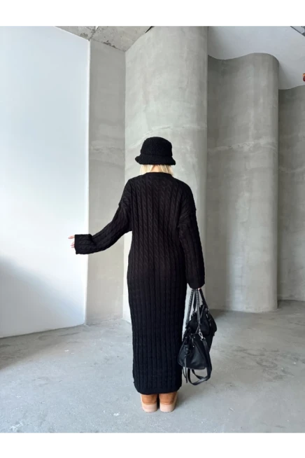 Kadın Siyah Bisiklet Yaka Saç Örgülü Kadın Triko Midi Elbise