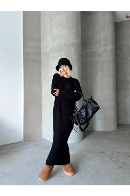 Kadın Siyah Bisiklet Yaka Saç Örgülü Kadın Triko Midi Elbise