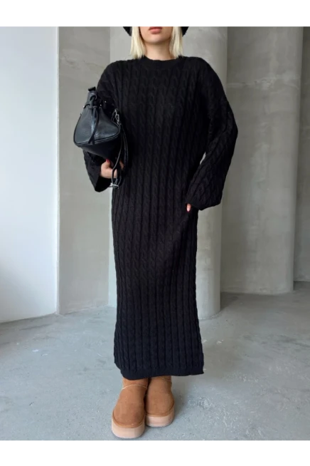 Kadın Siyah Bisiklet Yaka Saç Örgülü Kadın Triko Midi Elbise
