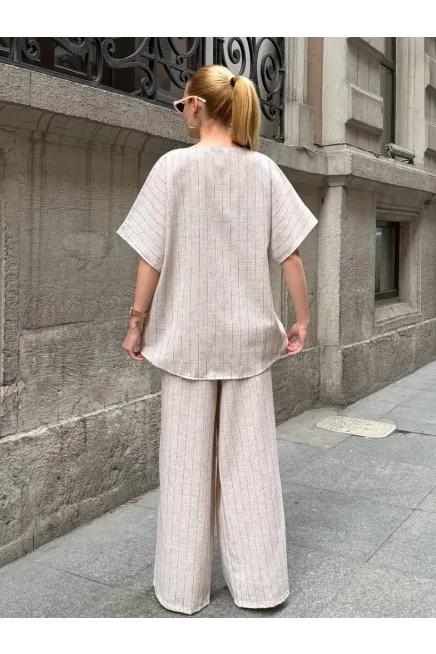 Kadın Siyah Çizgili Keten Takım