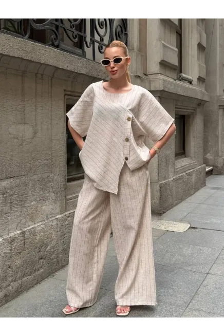 Kadın Siyah Çizgili Keten Takım