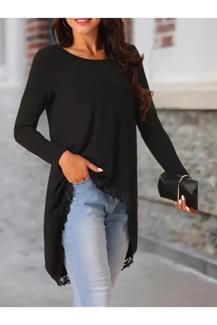Uzun Kollu Bisiklet Yaka Asimetrik Kesim Detaylı Dantelli Viskon Bluz
