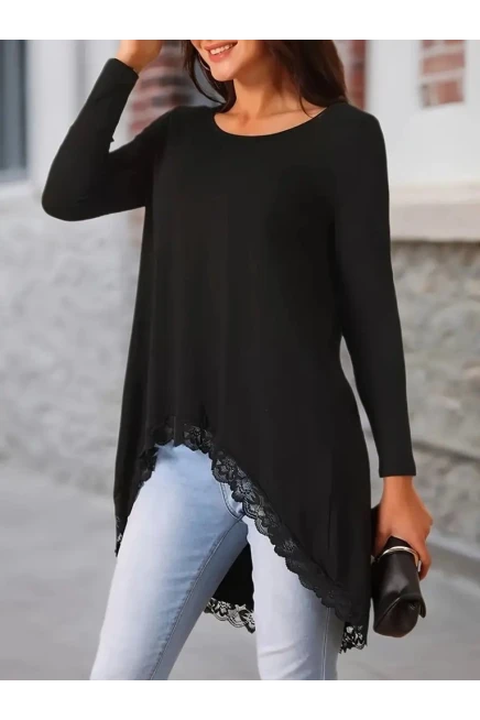 Uzun Kollu Bisiklet Yaka Asimetrik Kesim Detaylı Dantelli Viskon Bluz