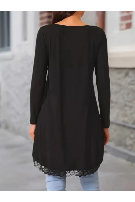 Uzun Kollu Bisiklet Yaka Asimetrik Kesim Detaylı Dantelli Viskon Bluz