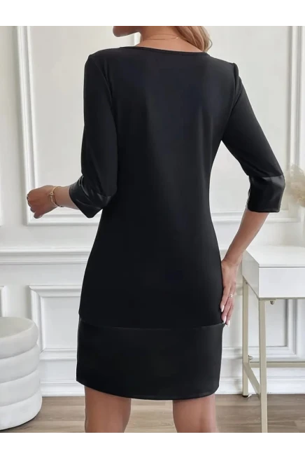 Uzun Kollu Bisiklet Yaka Deri Detaylı Ithal Krep Elbise