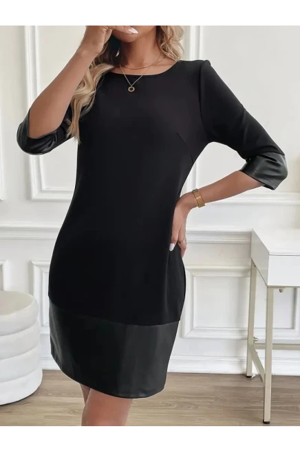 Uzun Kollu Bisiklet Yaka Deri Detaylı Ithal Krep Elbise