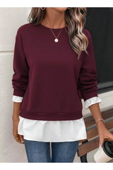 Kadın Uzun Kollu Bisiklet Yaka Viskon Iki Iplik Ve Etek Ucu Trikoton Bluz