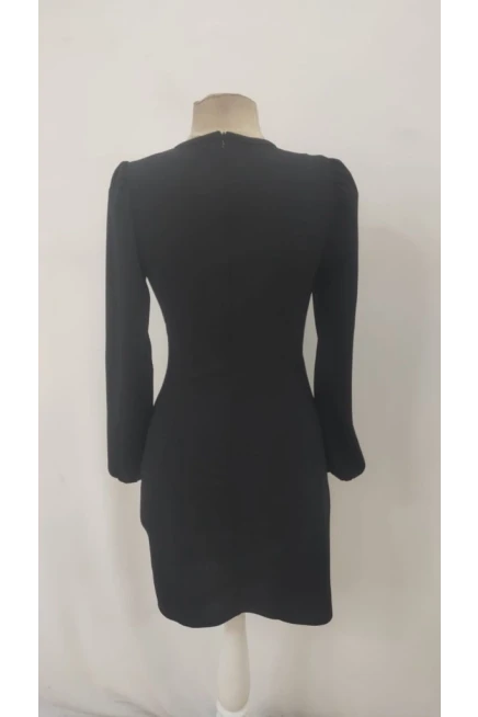 Kadın Uzun Kollu Kruvaze Yakalı Büzgü Detaylı Krep Kısa Elbise