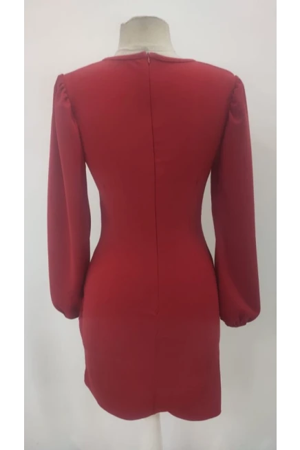 Kadın Uzun Kollu Kruvaze Yakalı Büzgü Detaylı Ithal Kısa Elbise