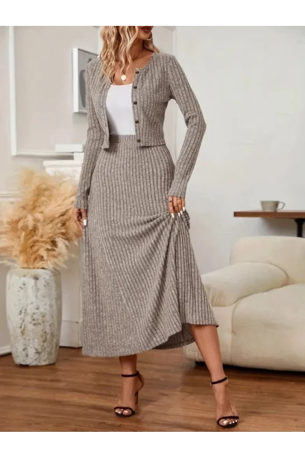 Uzun Kollu Düğmeli Bluz Uzun Etek Kaşkorse İkili Takım