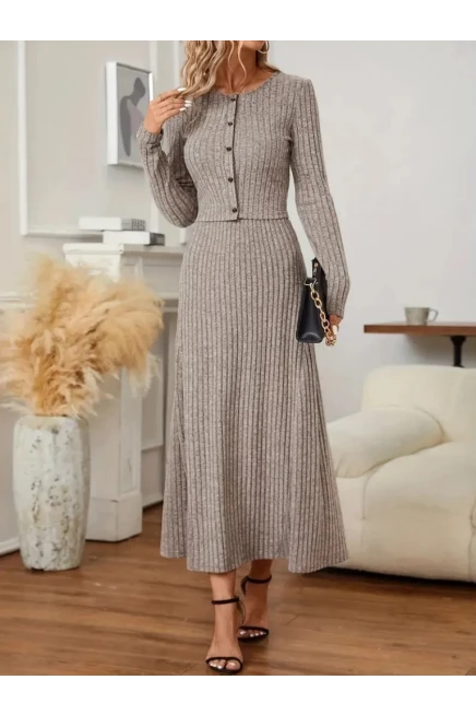 Uzun Kollu Düğmeli Bluz Uzun Etek Kaşkorse İkili Takım