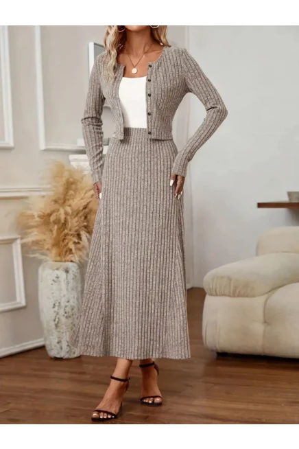 Uzun Kollu Düğmeli Bluz Uzun Etek Kaşkorse İkili Takım