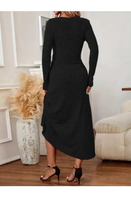 Uzun Kollu Düğmeli Bluz Uzun Etek Kaşkorse İkili Takım