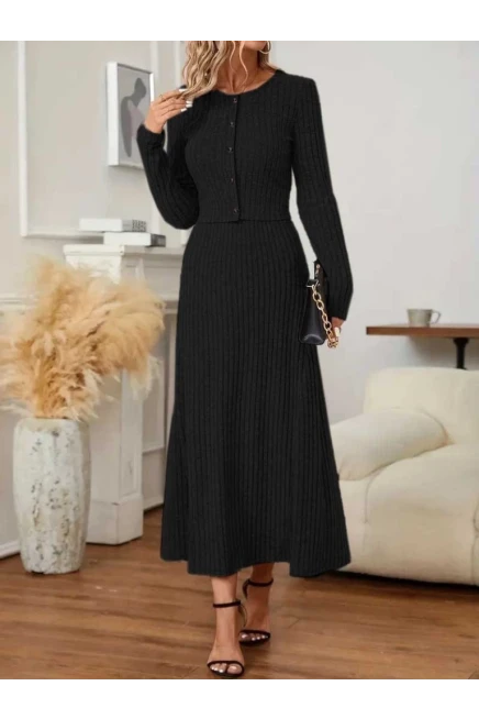 Uzun Kollu Düğmeli Bluz Uzun Etek Kaşkorse İkili Takım