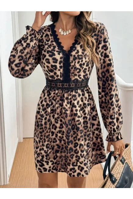 Uzun Kollu V Dantel Yakalı Leopar Desenli Modal Mini Elbise