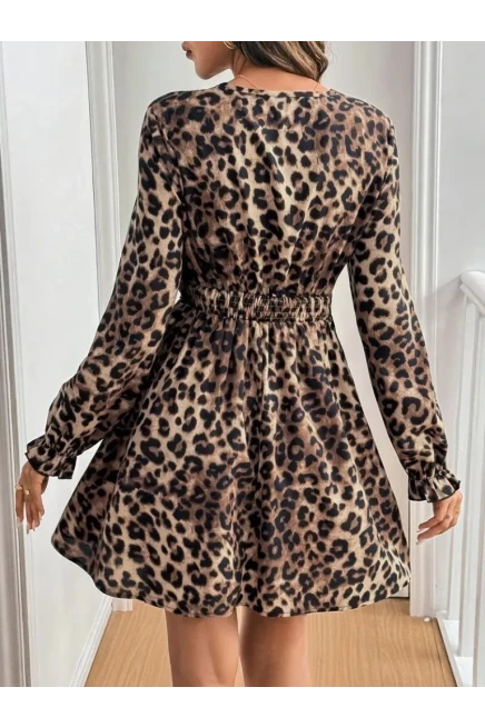 Uzun Kollu V Dantel Yakalı Leopar Desenli Modal Mini Elbise