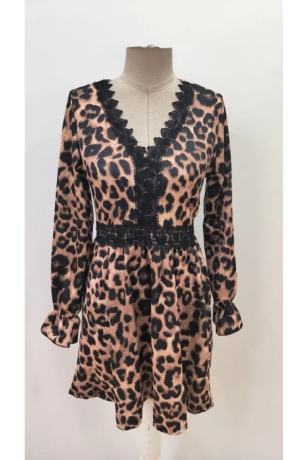 Uzun Kollu V Dantel Yakalı Leopar Desenli Modal Mini Elbise