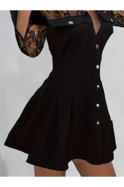 Uzun Kollu Yakalı önden Düğmeli Cep Detaylı Mini Modal Elbise