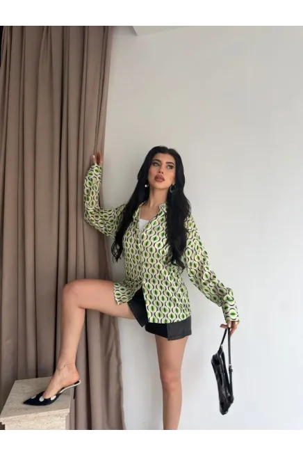 Kadın Yeşil Desenli Saten Gömlek