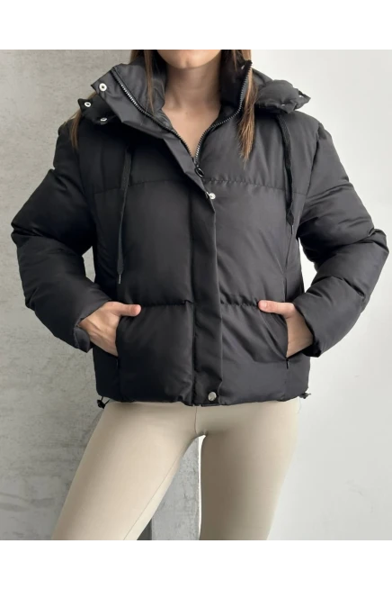 Kapşonlu Yaka Bağcıklı Micro Şişme Mont