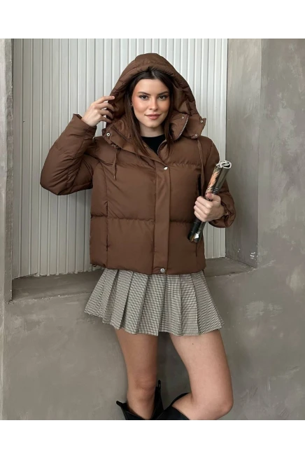 Kapşonlu Yaka Bağcıklı Micro Şişme Mont