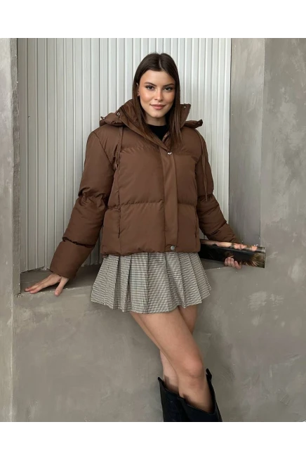 Kapşonlu Yaka Bağcıklı Micro Şişme Mont