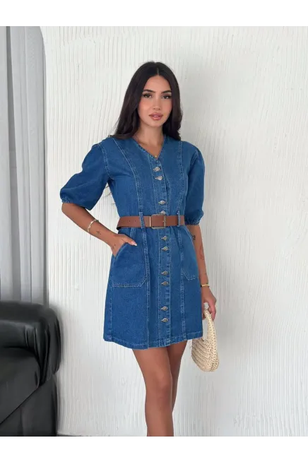 Kemer Detaylı Düğmeli Jean Elbise