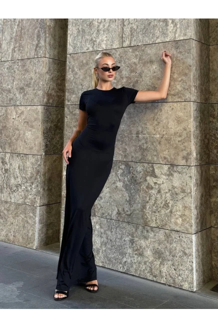 Kısa Kol Bisiklet Yaka Siyah Elbise