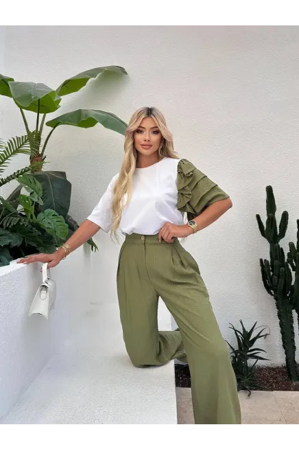 Kol Detay T-shirt ve Pantalon Alt Üst Takım Haki