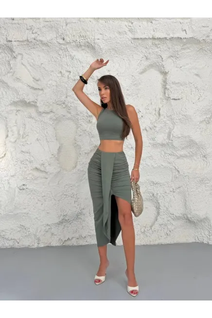 Kolsuz Crop Bluz ve Etek Alt Üst Takım Haki