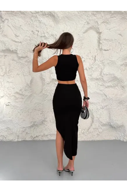 Kolsuz Crop Bluz ve Etek Alt Üst Takım Siyah
