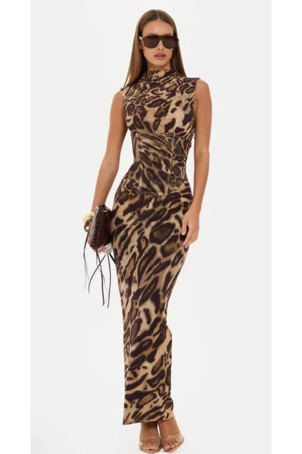 Korseli Balenli Maxi Boy Leopar Elbise