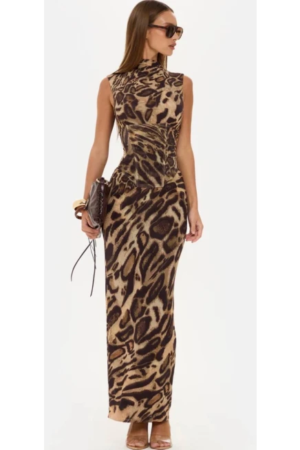 Korseli Balenli Maxi Boy Leopar Elbise
