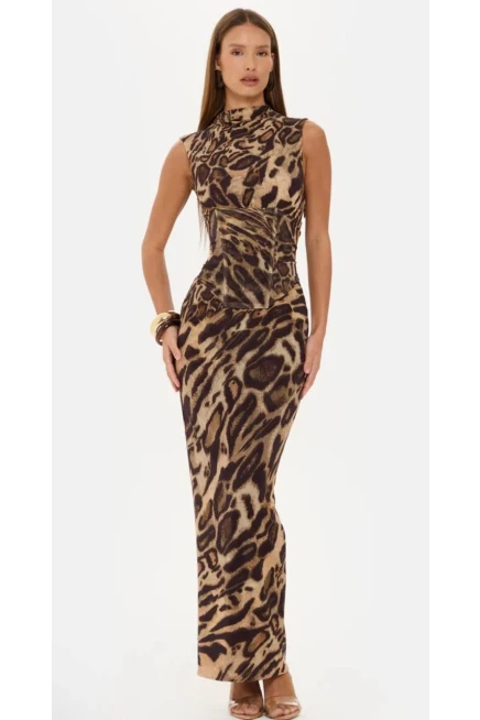 Korseli Balenli Maxi Boy Leopar Elbise